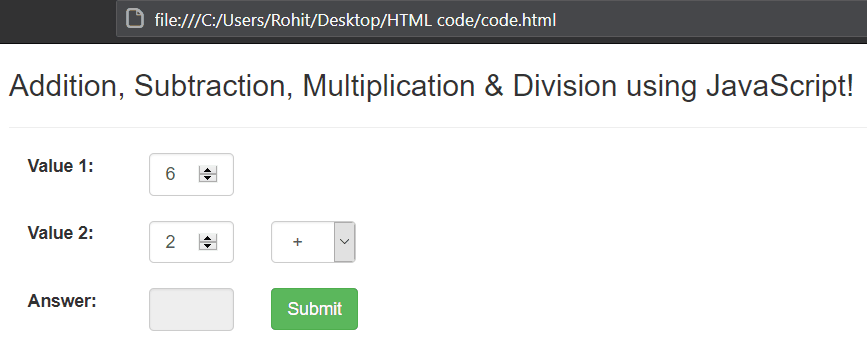 Javascript Addition Subtraction Multiplication Division Simple